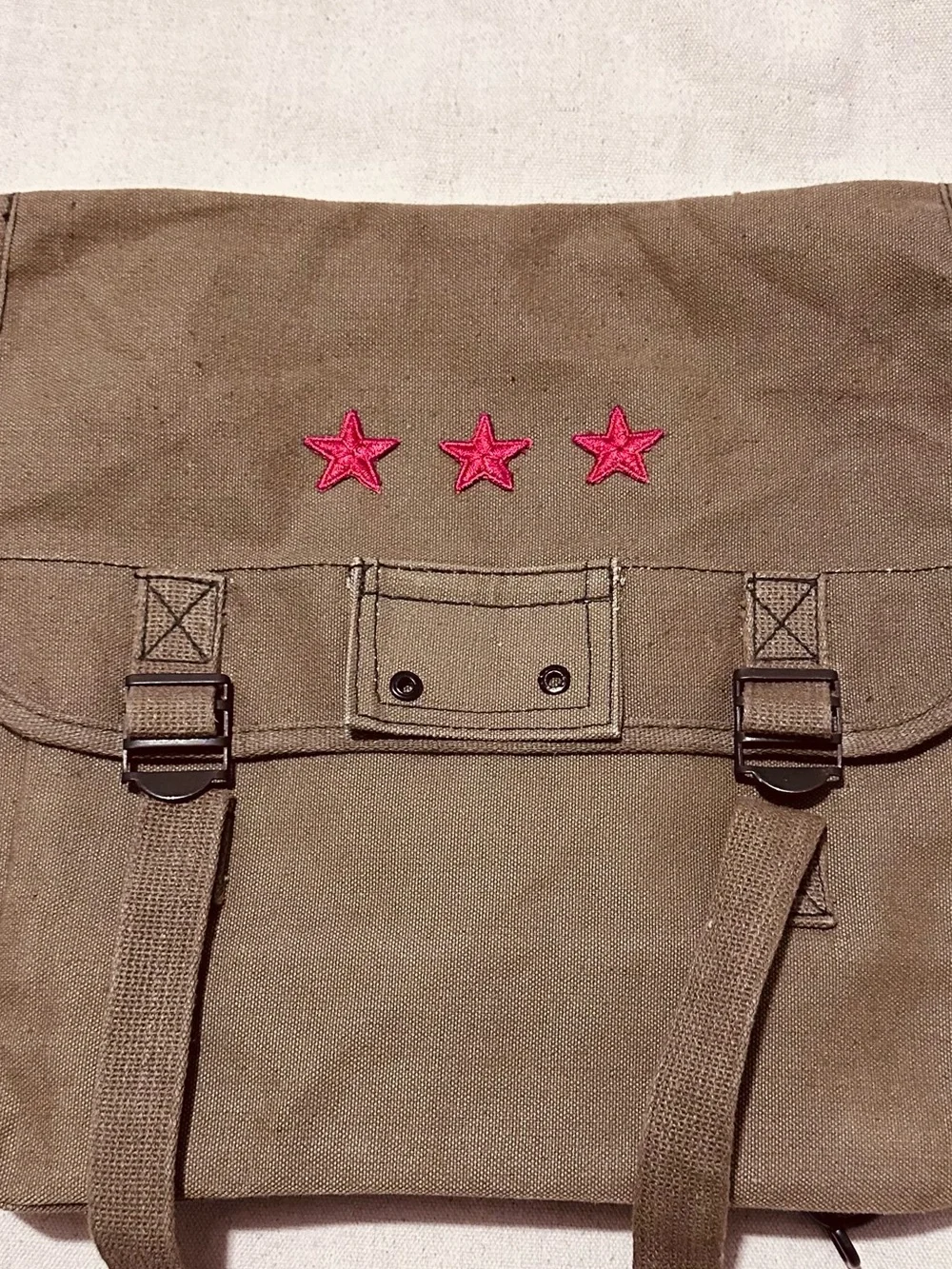 Vintage | Bag | Y2K Olive Canvas Backpack with Red Star Accent
